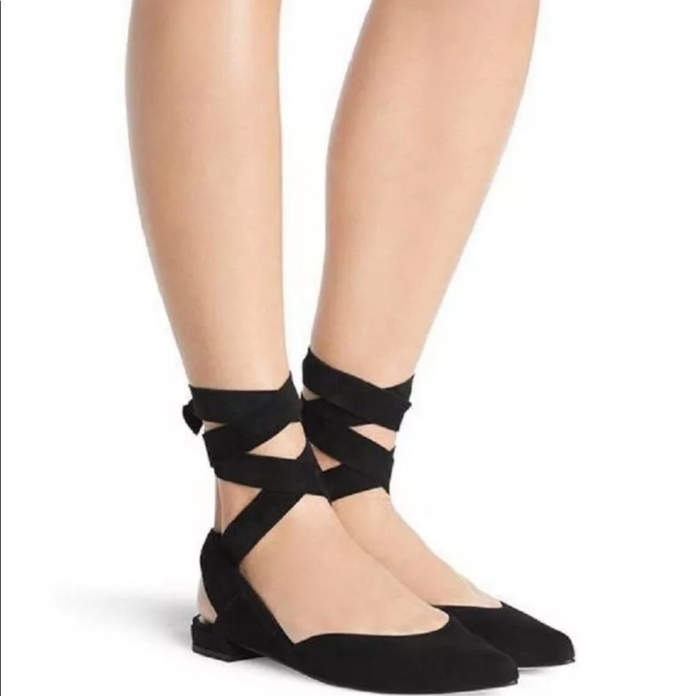 Stuart Weitzman Supersonic Black Suede Ankle Wrap Flats Size 9
